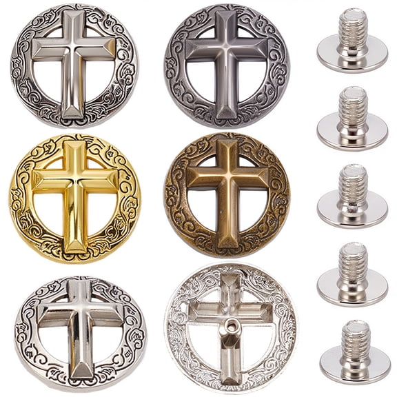 8Pcs 4 Colors Retro Decorative Buckle Hollow Engraved Screw Back Buttons Classical Vintage Western Style Replacement Buckle for DIY Leather Craft Fabrics Goods Accessories Set DIY