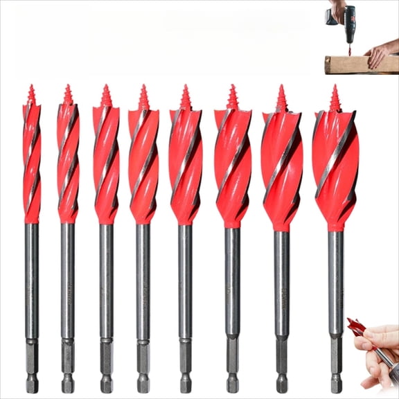 8Pcs 4-Flute Auger Drill Bit Set for Woodworking, High Carbon Steel Wood Auger Drill Bit Set – 4-Flute Design, Anti-Slip Hex Shank, Precision Tip for Hardwood, Cork & Plastic