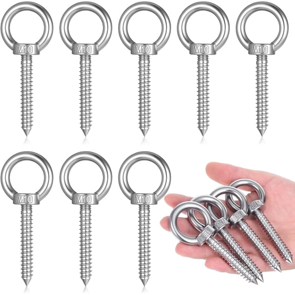 8Pcs 4 Inch Heavy Duty Eye Hooks M10 Self Tapping Eyelet Screw Eye Bolt Load Capacity 500LBS 304 Stainless Steel Eyes Hooks Screw in Heavy Duty for Hammock Stand, Yoga, Swing Chair