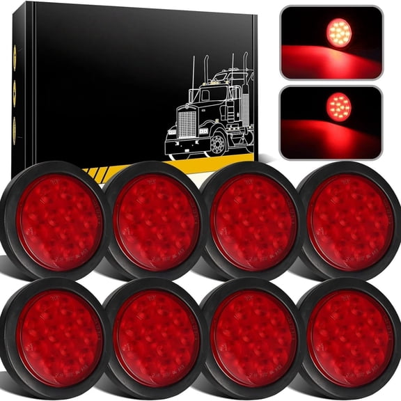 8Pcs 4" Round Red LED Trailer Tail Light, 4 Inch Round Led Stop Turn Tail Lights Brake Brake Trailer Lights for RV Trucks, Rubber Grommets and 3-Prong Wire Pigtails Included