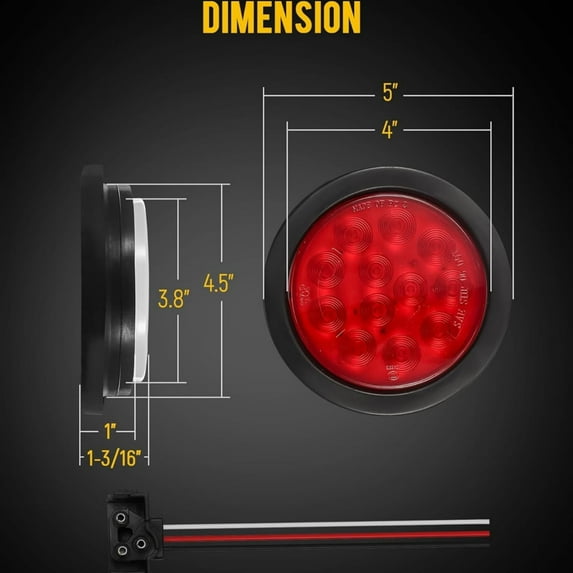 8Pcs 4" Round Red LED Trailer Tail Light, 4 Inch Round Led Stop Turn Tail Lights Brake Brake Trailer Lights for RV Trucks, Rubber Grommets and 3-Prong Wire Pigtails Included