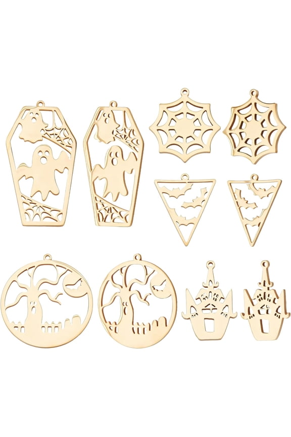 8Pcs 4 Style 316 Surgical Stainless Steel Enamel Charms with Jump Rings for Halloween Ghost & Pumpkin Jack-O'-Lantern Real 14K Gold Plated Black 10~11.5x8~10x1mm Hole: 2.4~2.6mm 2pc/style