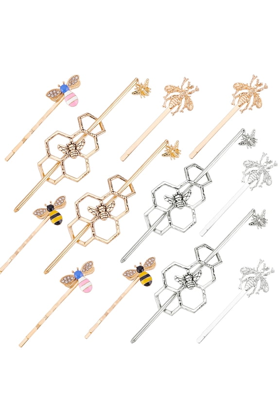 8Pcs 4 Style Hair Bobby Pins & 4 Sets 2 Color Alloy Hair Clips Hair Bun Cages Hair Style Tool Bees & Honeycomb Mixed Color 64.5~138mm