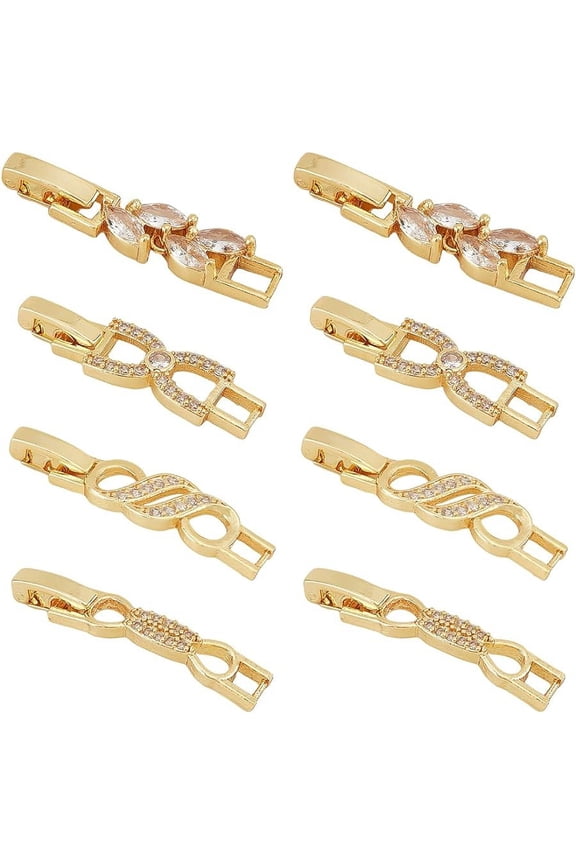 8Pcs 4 Styles 18K Gold Plated Fold Over Clasp Necklace Bracelet Extenders Cubic Zirconia Extension Clasps for Bracelet Necklace Jewelry Making 2pcs/Style