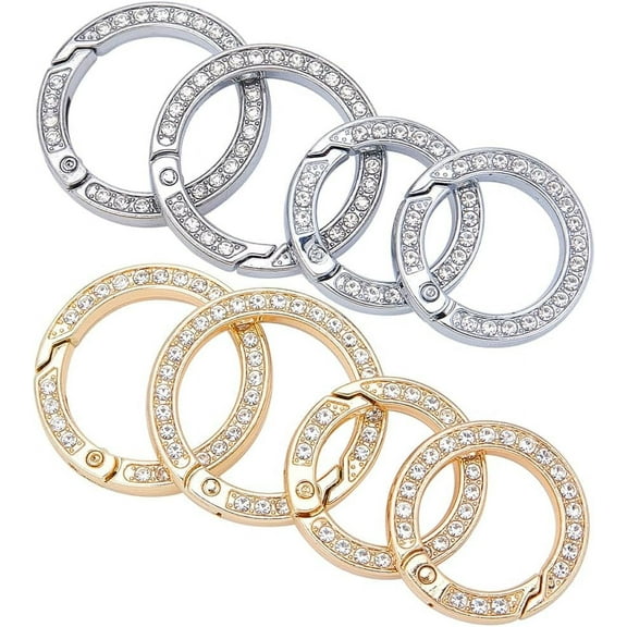 8Pcs 4 Styles 2 Sizes Rhinestone O Ring Round Carabiner Snap Clip Buckle Platinum & Light Gold Bling Gate Rings for DIY Jewelry Keychain Making Handbag Purse Bags Strap Car Keyring