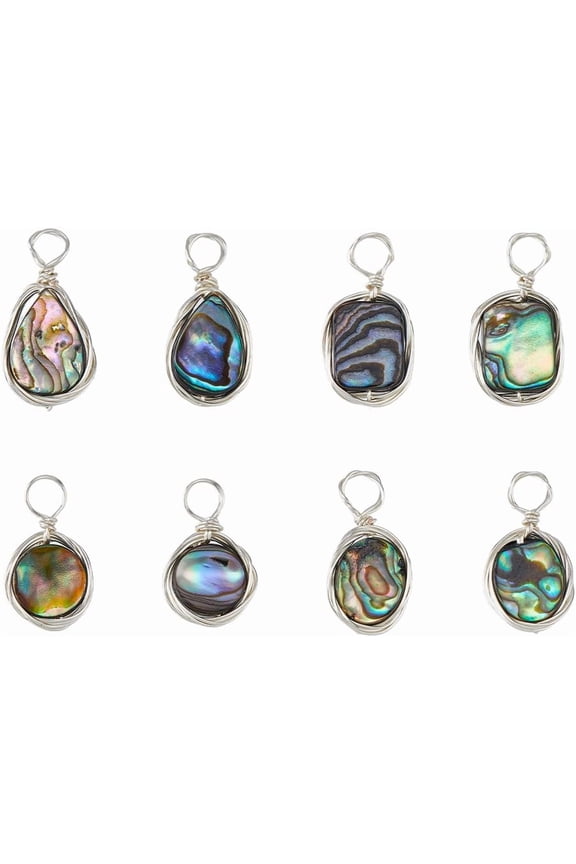 8Pcs 4 Styles Abalone Shell Charms Paua Shell Pendant Sea Shell Pendant with Copper Wire Wrapped Colorful Geometric Pendants