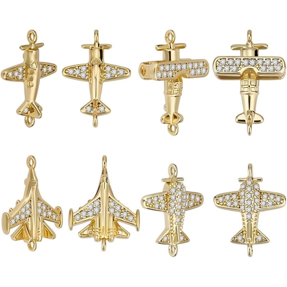 8Pcs 4 Styles Airplane Connector Charms 18K Gold Plated Cubic Zirconia Plane Charms for Jewelry Making Crafts Clear DIY