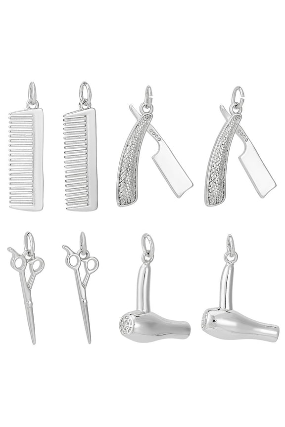 8Pcs 4 Styles Barber Tool Theme Brass Pendants with Jump Rings Mixed Shapes Cadmium Free & Lead Free Long-Lasting Plated Platinum