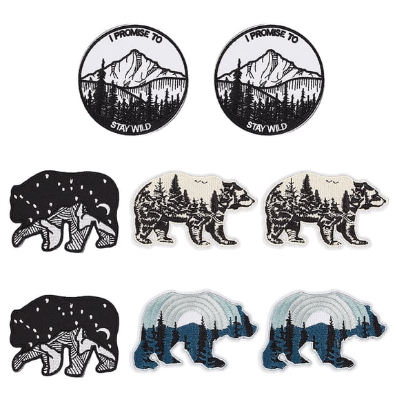 8Pcs 4 Styles Bear and Mountains Outdoor Patch Flat Round Embroidery Patch Iron on Nature Patch Applique Repair Patch for Clothes Bag Pants Hats