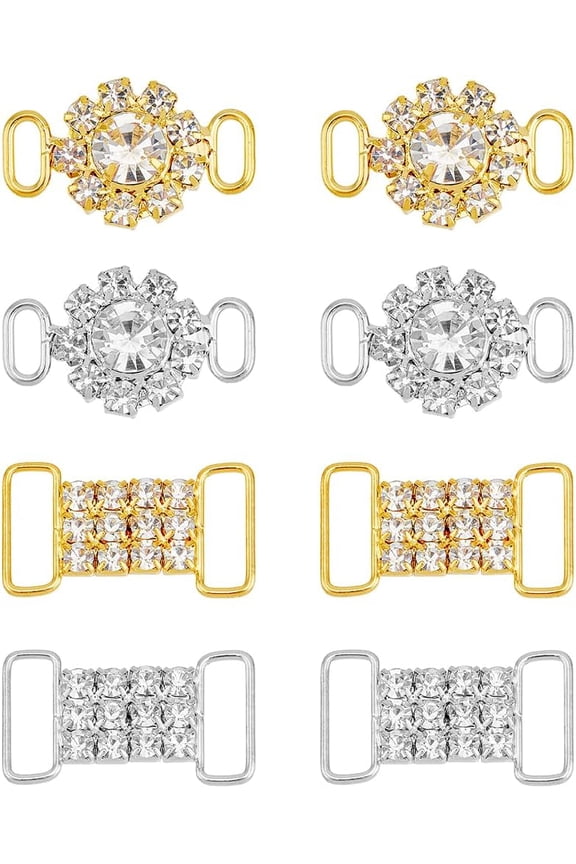 8Pcs 4 Styles Brass Crystal Rhinestone Connector Charms Flower & Rectangle Links Ornament for Bikini Decoration Golden & Silver 25.7~26x15~16x3~6mm Inner Diameter: 4~4.5x10~13mm 2pcs/style
