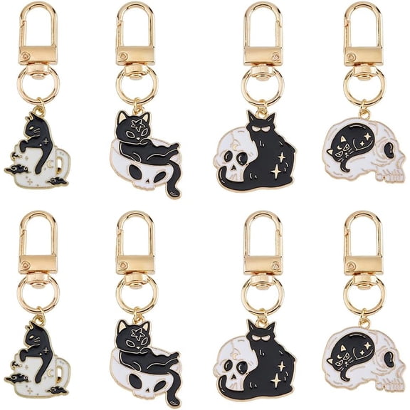 8Pcs 4 Styles Cat Alloy Enamel Pendant Decoratios with Alloy Swivel Clasps Golden 57~63mm 2pcs/style