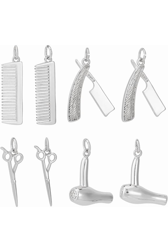 8Pcs 4 Styles Hairdresser Charms Platinum Plated Brass Hair Stylish Scissor Dryer Comb Barber Tool Theme Charm for Jewelry Making DIY Crafts Supplies
