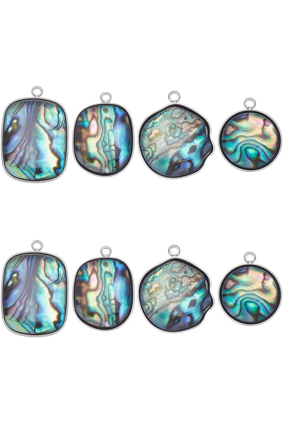 8Pcs 4 Styles Natural Paua Shell Charm Flat Round Shell Charms Square Sea Abalone Shell Charms with Stainless Steel Loop