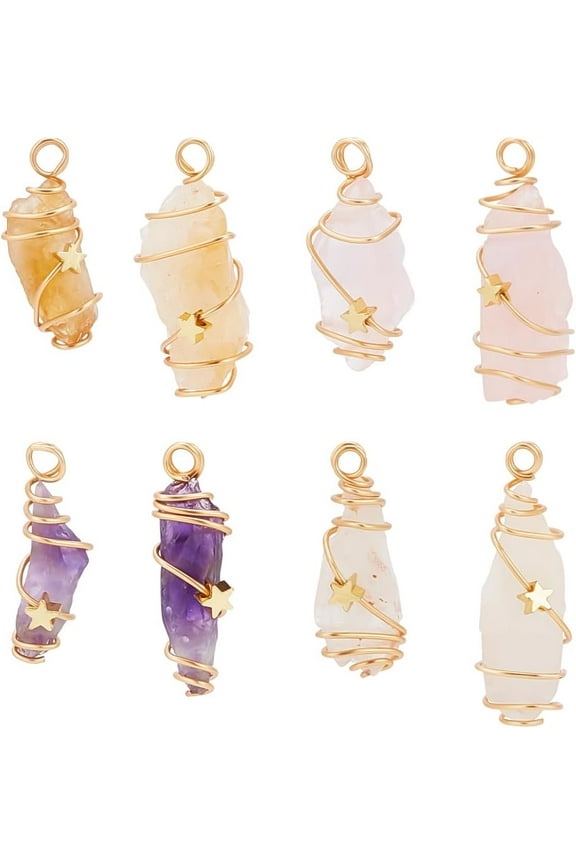 8Pcs 4 Styles Natural Quartz Amethyst Stone Pendants Charms Gold Plated Wire Wrapped Gemstone Original Raw Irregular Healing Stone Charms Rough Stone Pendant for DIY handcrafting