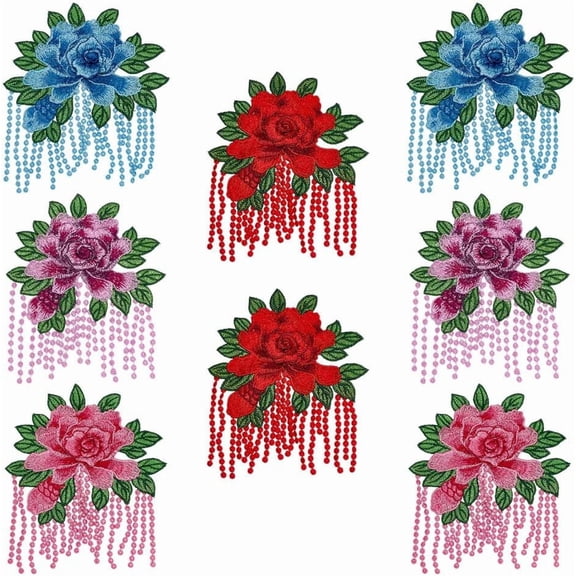 8Pcs 4 Styles Peony Embroidered Patches 7.6x6.4Inch Mixed Color Polyester Flower Embroidered Patches Pony Appliques with Tassels Iron Sew on for Dress Hat Pants Jackets Craft Decoration Colorful