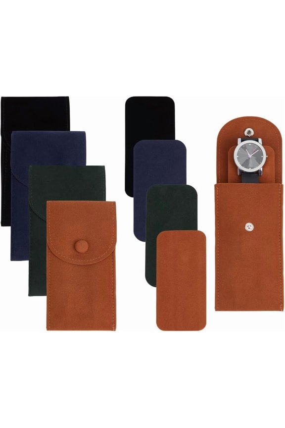 8Pcs 4 Styles Plush Cloth Watch Storage Bags with Snap Button Rectangle Mixed Color 12.95~13x6.7~7.2x0.8~1cm 2pcs/style for DIY