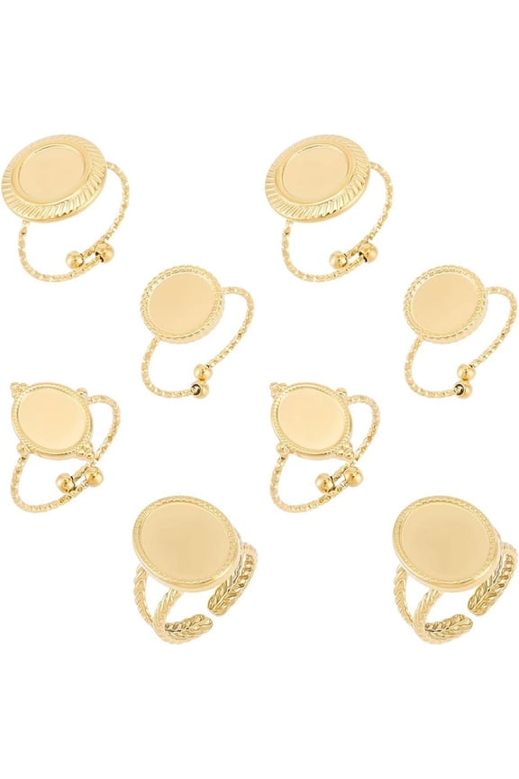 8Pcs 4 Styles Real 18K Gold Plated Open Cuff Ring Round Oval Stainless Steel Blank Dome Finger Rings Carving Pattern Bezel Cup Open Ring Findings for Ring Jewelry Making 17mm DIY