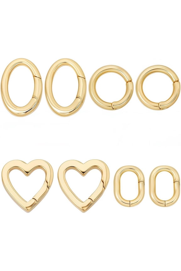 8Pcs 4 Styles Real 18K Gold Plated Spring O Rings Jewelry Oval Clasp Heart Round Brass Gate Ring Trigger Carabiner Clips Keyring Snap Hook Buckle