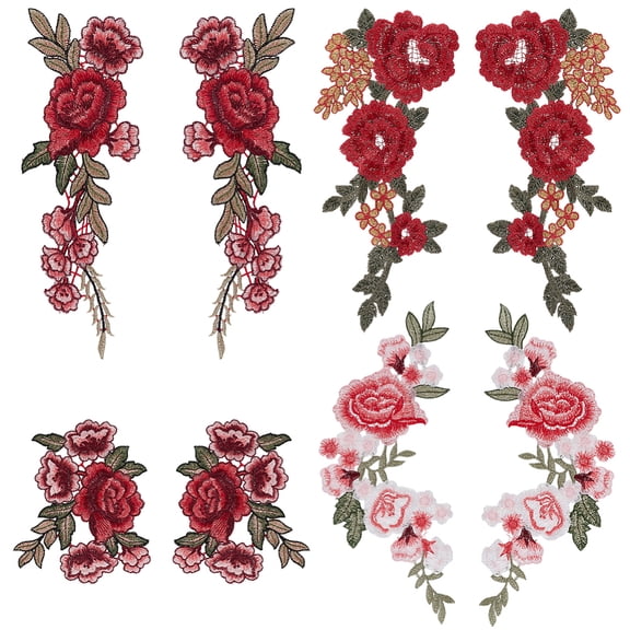 8Pcs 4 Styles Red Flower Embroidery Applique Sew On Vintage Floral Cloth Patches Colorful Neckline Polyester Embroidered Patch DIY