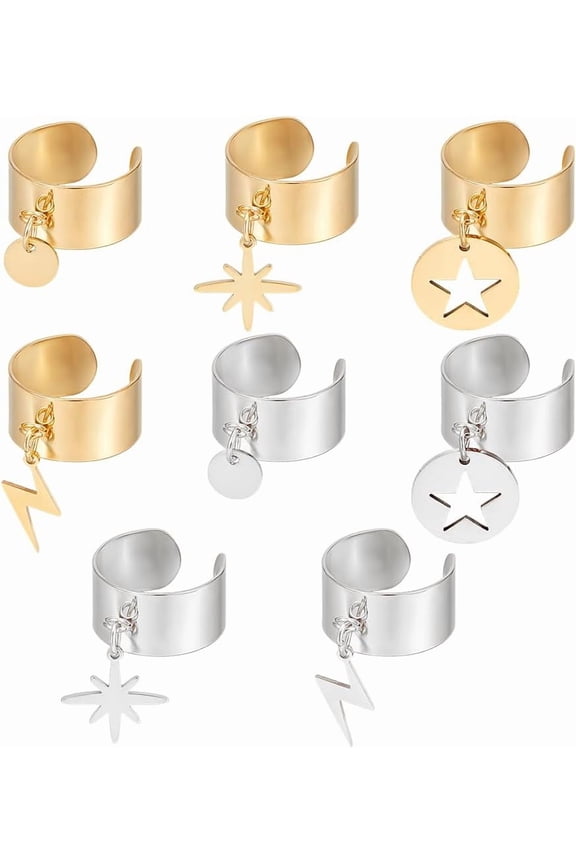 8Pcs 4 Styles Stainless Steel Charm Rings Open Adjustable Rings with Round Lightning Pendants Fashion Ring for Anniversary Women's Ring Finger Rings for Christmas New Year Gifts Making DIY