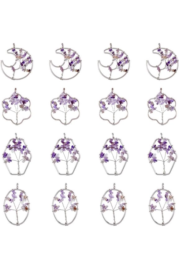 8Pcs 4 Styles Tree of Life Charms Natural Amethyst Pendants Flower Moon Oval Birthstone Charms Copper Wire Wrapped Chip Stone Pendants for Jewelry Making Hole: 6.2mm