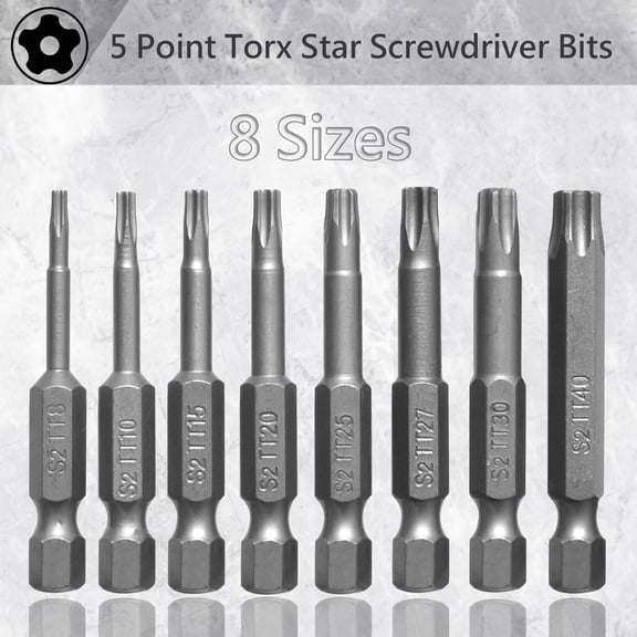 8Pcs 5 Point Torx Star Screwdriver Bits Set Magnetic T8-T40 1/4" Hex Shank