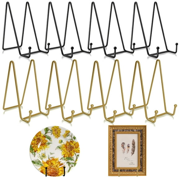 8Pcs 6 Inch Plate Stands for Display, Metal Plate Holder Display Stand, Picture Frame Stand, Decorative Stand Holder for Tabletop Display, Art, Platter, Book, Photo Easel (Gold, Black)