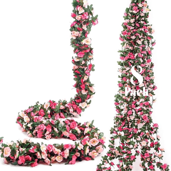 8Pcs 66FT Pink Flower Garland, Artificial Rose Floral Vines Fake Hanging Spring Flower Garland for Wall Backdrop Wedding Arch Tea Party Door Mantle Decoration