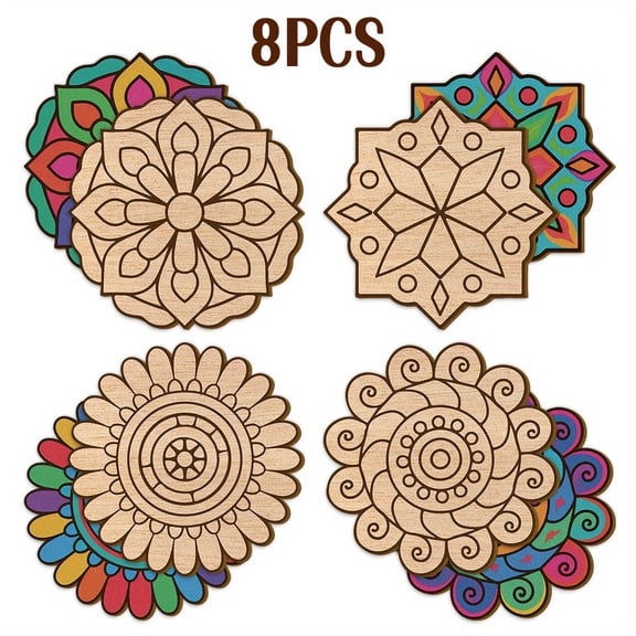 8Pcs 7.8 inch Wooden Mandala Craft Coloring Set, Hollow Out Painting Template with Vine Scroll Pattern, Pre Cut Star Flower Heart Shapes for Relaxing Art Projects