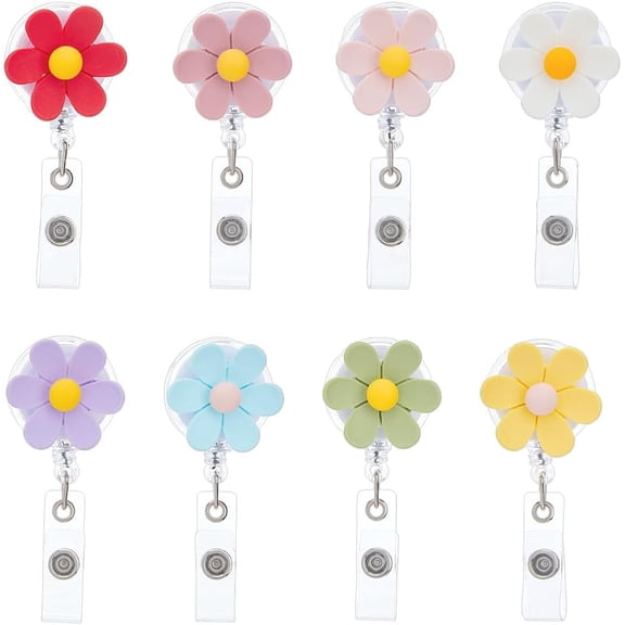 8Pcs 8 Colors Flower PVC with Resin Badge Reel Retractable Badge Clip ID Name Badge Holder Platinum Mixed Color 84x35x25mm 1pc/color DIY