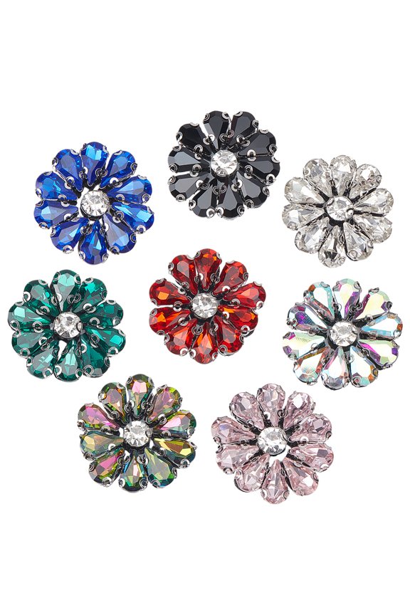 8Pcs 8 Colors Glass Rhinestone Embroider Thread Iron on/Sew On Patches Cloth Appliques with Non-woven Fabrics Back Flower Mixed Color 27x6mm 1pc/color