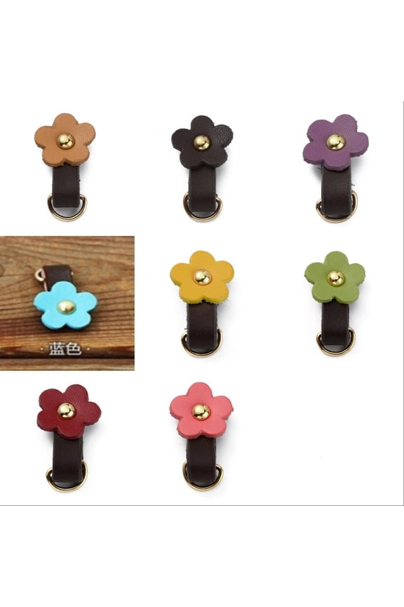 8Pcs 8 Colors Leather Flower Zipper Pull Zip Tag with Iron D Ring Mixed Color 40mm 1pc/color