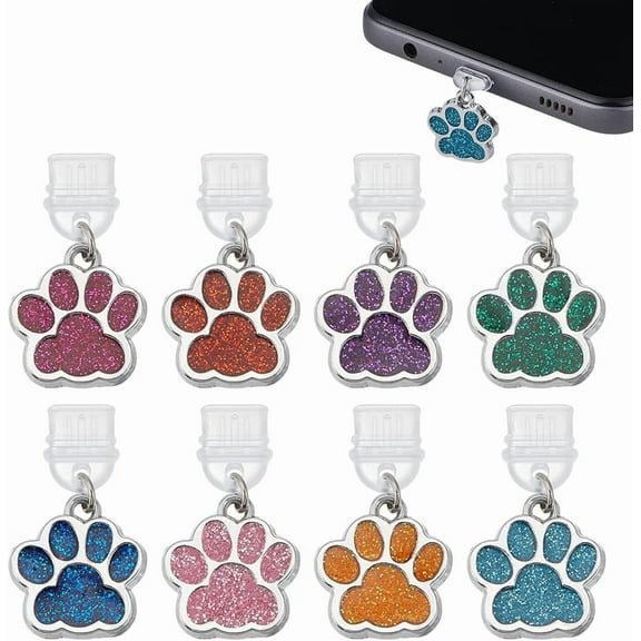 8Pcs 8 Colors Paw Print Dust Plug Charms 1.1 Inch Mobile Dustproof Plugs with Paw Print Pendants Type C Dust Plug Charm Type C Port Protector Phone Accessory