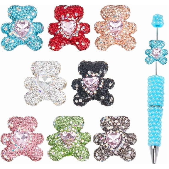 8Pcs 8 Colors Rhinestone Focal Beads for Pens Polymer Clay Colorful Bear Shape Rhinestones Beads Bling Glitter Sparkle Diamond Bead for Beadable Pen Keychain Jewelry Making Crafts Charms Black
