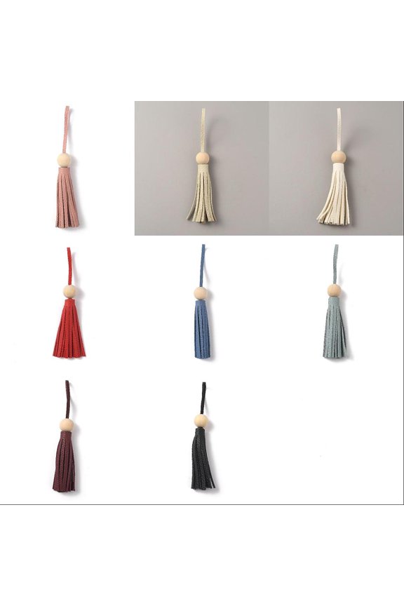 8Pcs 8 Colors Textured PU Leather Tassel Pendant Decorations with Wood Beads Car Interior Rearview Mirror Hanging Decor Purse Ornament