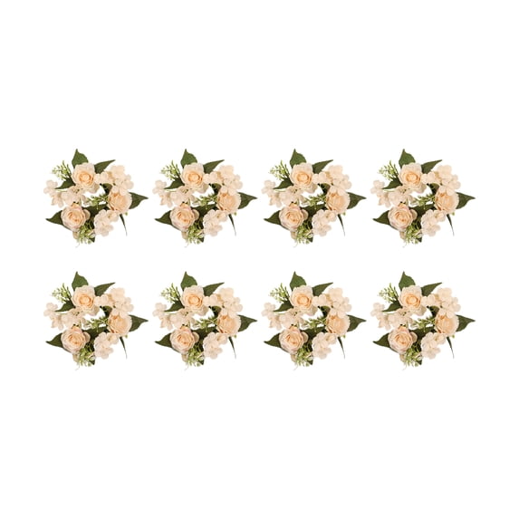 8Pcs 8" Frosted Greenery Neutral Decor, Wedding Rose Candle Rings Wreath Small Artificial Floral Wreath With Roses and Lilies Flowers Candle Holders Garland for Centerpiece Party Decoration, D