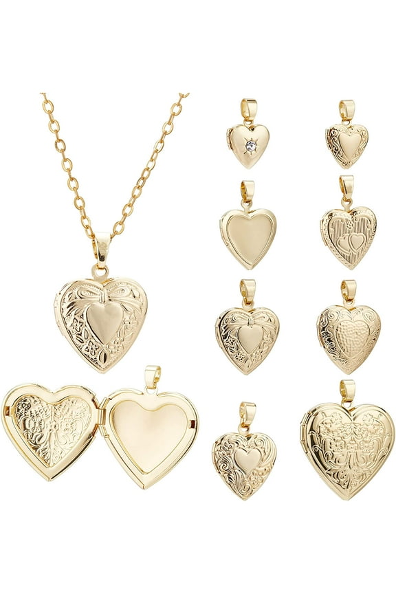 8Pcs 8 Style Golden Photo Heart Frame Pendants 18K Gold Plated Locket Pendants for DIY Necklaces Jewelry Making Golden