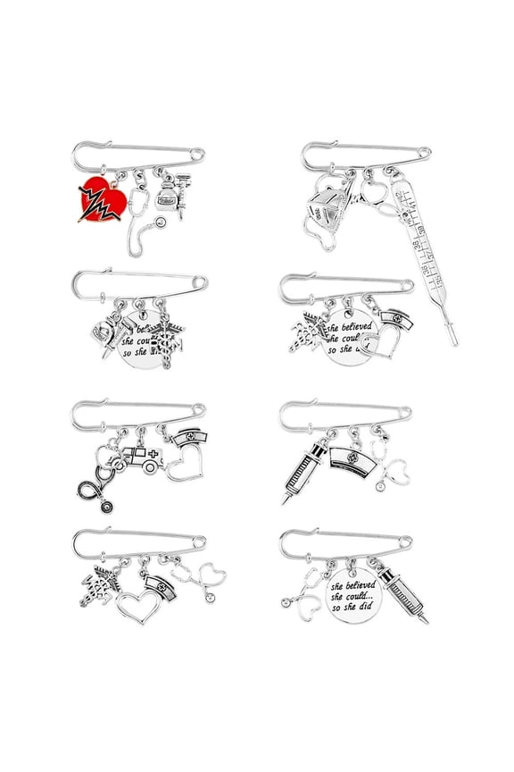 8Pcs 8 Style Nurse's Cap & Infusion Bottle & Caduceus Alloy Charms Safety Pin Brooch Stainless Steel Lapel Pins for Doctor Nurse Student Mixed Color 31~88mm 1Pc/style