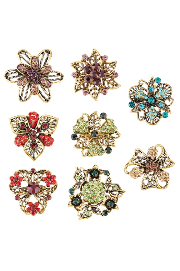 8Pcs 8 Style Rhinestone Flower Safety Pin Brooch Antique Golden Plated Alloy Badge for Backpack Clothes Mixed Color 30~37x30.5~38x8~13mm Pin: 0.6mm 1pcs/style