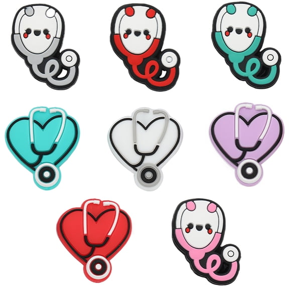 8Pcs 8 Style Stethoscope Food Grade Eco-Friendly Silicone Focal Beads Mixed Color 30-30.5x25-27x8-9mm Hole: 2-2.5mm 1pc/style