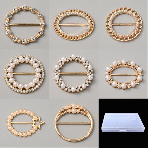 8Pcs 8 Styles Alloy Rhinestone Buckles with Resin Bead Clothes Knot Buckle Garment Decoration Flat Round/Oval Light Gold