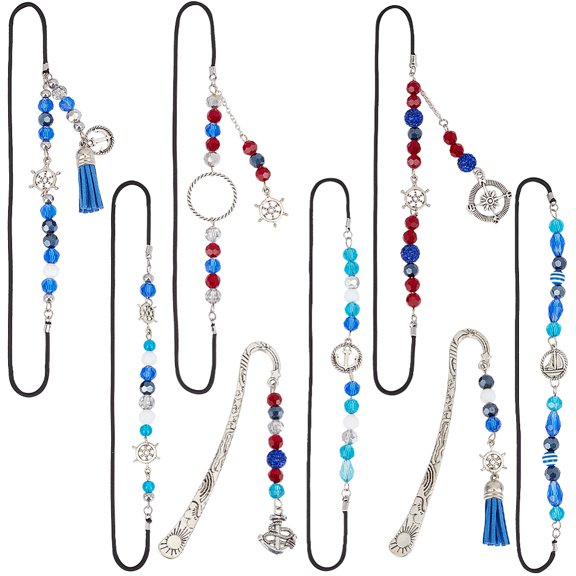 8Pcs 8 Styles Charm Book Marks Beading Bookmarks Silver Metal Alloy Elastic Fibre Ships Anchors Sailboats Beads Dangle Pendant Hook Book Makers for