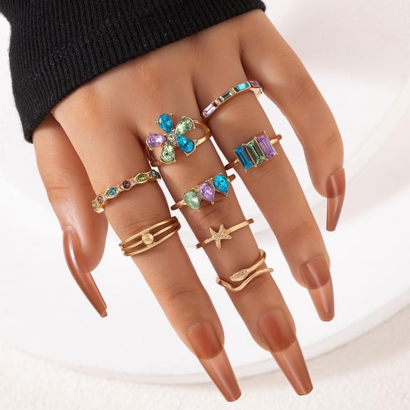 8Pcs 8 Styles Colorful Rhinestone Flower Rectangle Teardrop Eye Snake Finger Rings Set Alloy Jewelry for Women Golden Inner Diameter 14mm