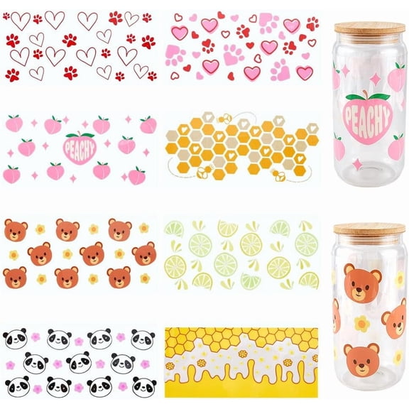 8Pcs 8 Styles Cup Wraps Transfer Sticker Glass Cups Decals Bulk Transparent Plastic Lemon Peach Bear Panda Hearts Honey Comb Waterproof Stickers Wrap for Tumblers Wood Decoration DIY Crafts Colorful