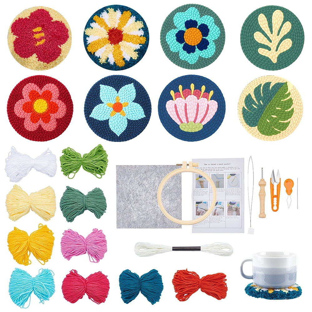8Pcs 8 Styles DIY Polyester Coaster Punch Embroidery Starter Kits Including Threads Flat Round 12mm 1pc/style