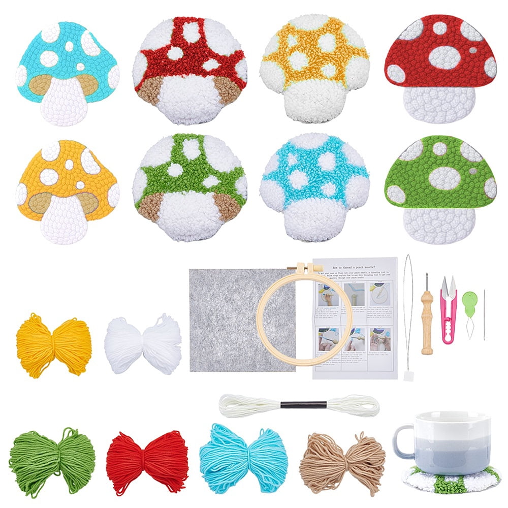 8Pcs 8 Styles DIY Polyester Coaster Punch Embroidery Starter Kits Including Threads Mushroom 116~117x115~118mm 1pc/style