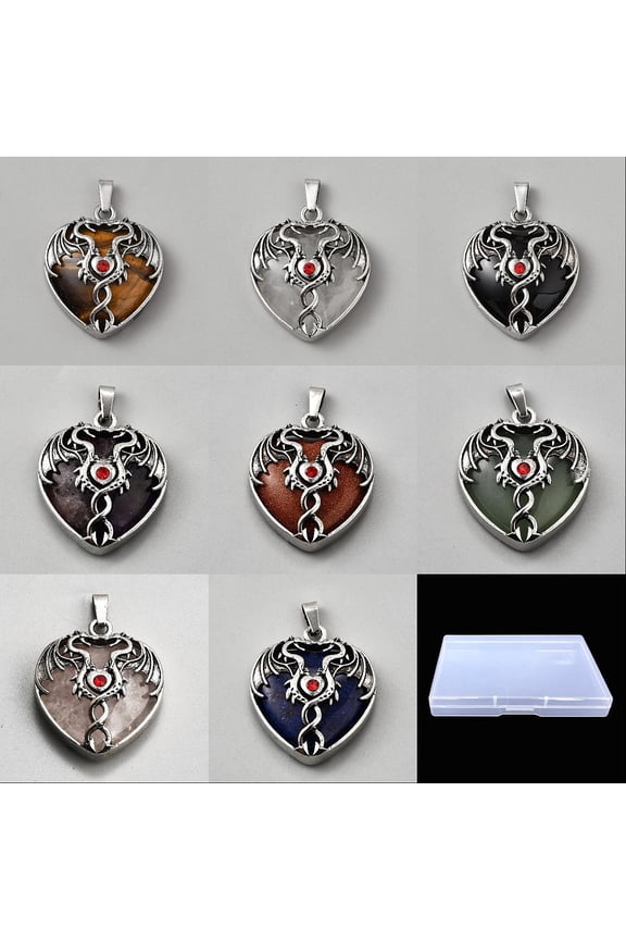 8Pcs 8 Styles Dragon Charms Heart Gemstone Charms Gothic Dragon Love Charm Stone Metal Heart Shaped Double Dragons Inlay Design Charm
