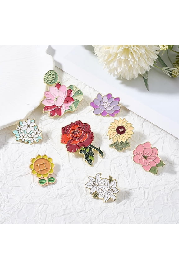 8Pcs 8 Styles Flower Enamel Pins Alloy Brooches for Backpack Clothes Mixed Color 26x20mm Colorful