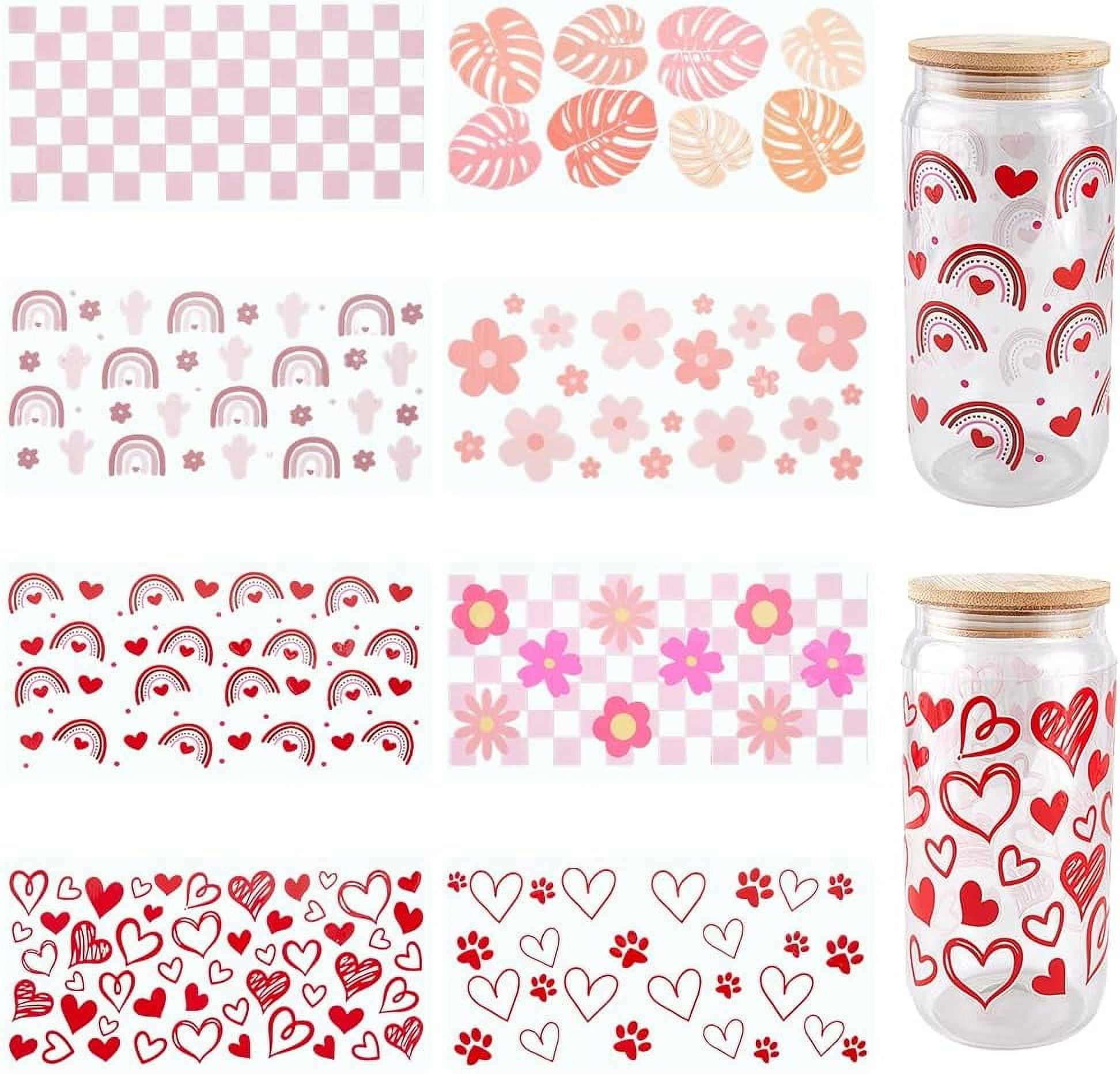 8Pcs 8 Styles Glass Cup Stickers Pink UV DTF Cups Wraps Bulk ...