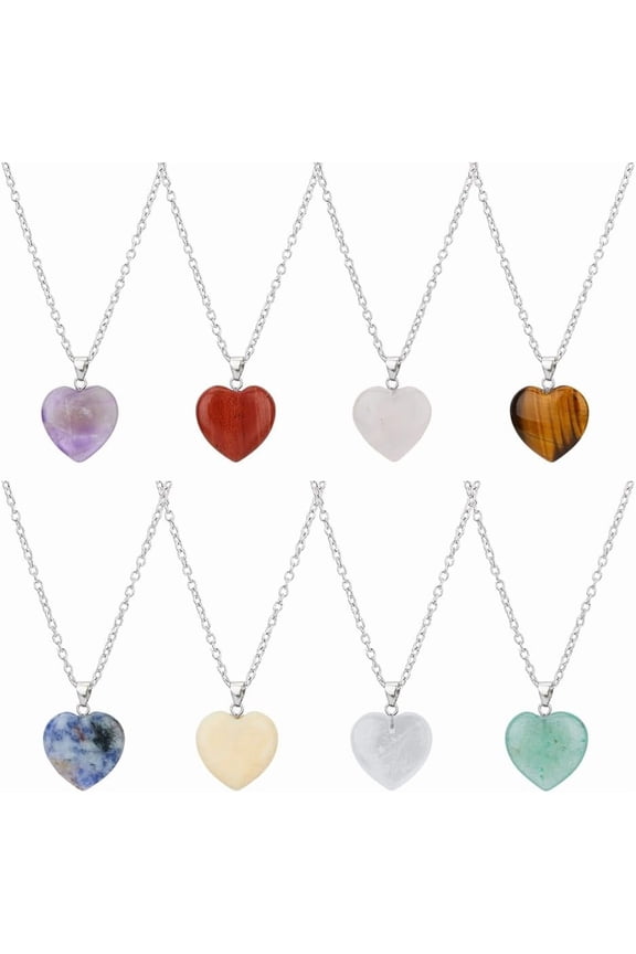 8Pcs 8 Styles Heart Necklaces 47.5CM Love Shaped Mixed Stone Necklaces Natural Gemstone Heart Pendant Necklace Valentine's Day for Woman